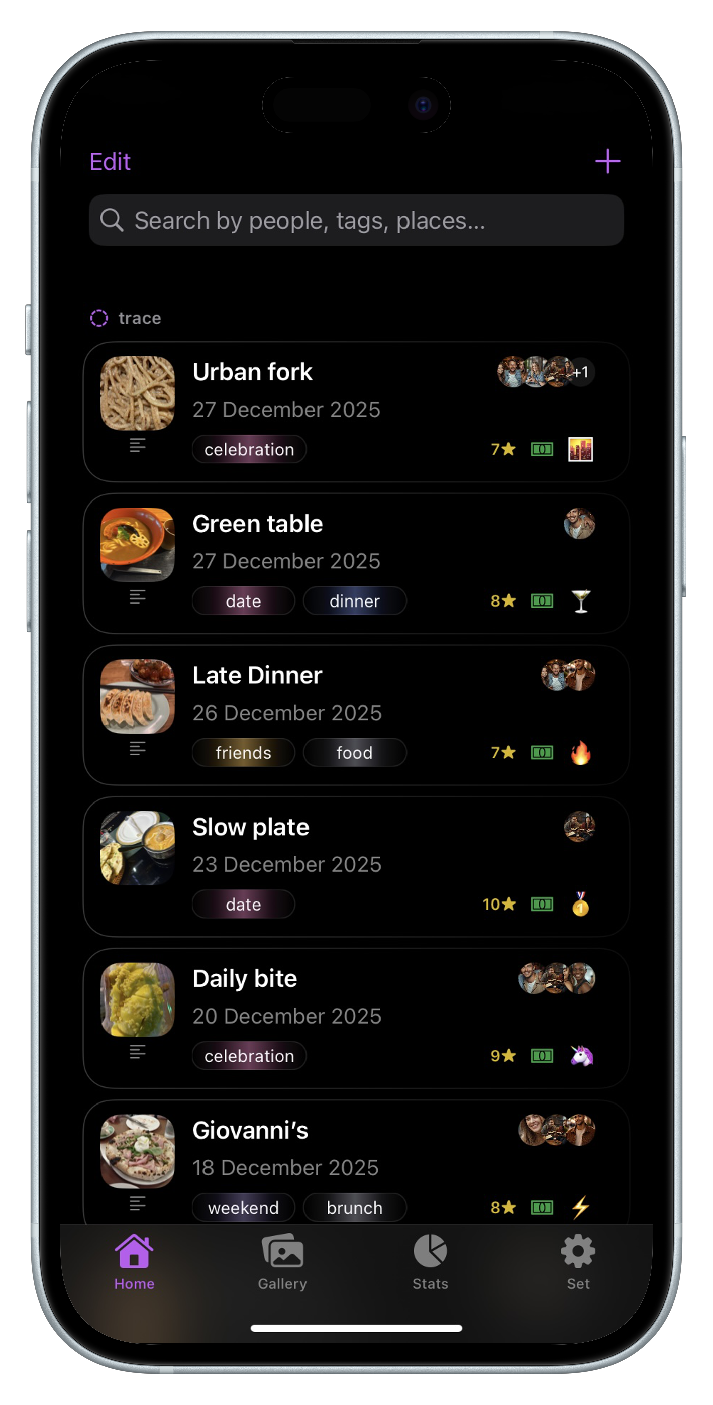 Restaurant list feed in SocialLife Diary